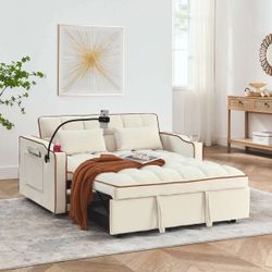 3 in 1 Sleeper Sofa Couch Bed, Velvet Convertible Loveseat Futon Sofa w/Pullout Bed, Adjustable Backrest, with USB Port and Ashtray and Swivel Phone S