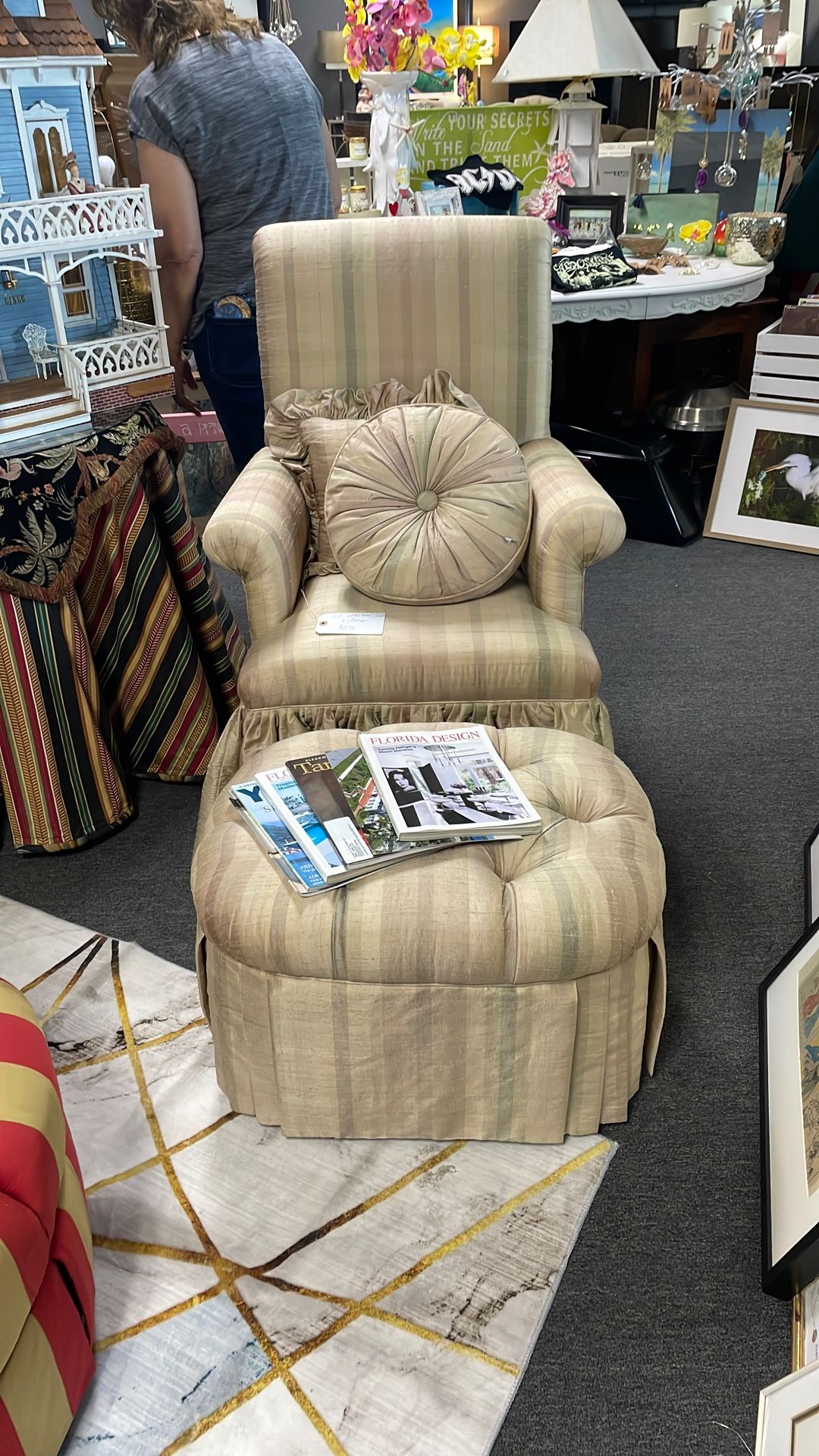 Silk Upholstered Chair With Ottoman.