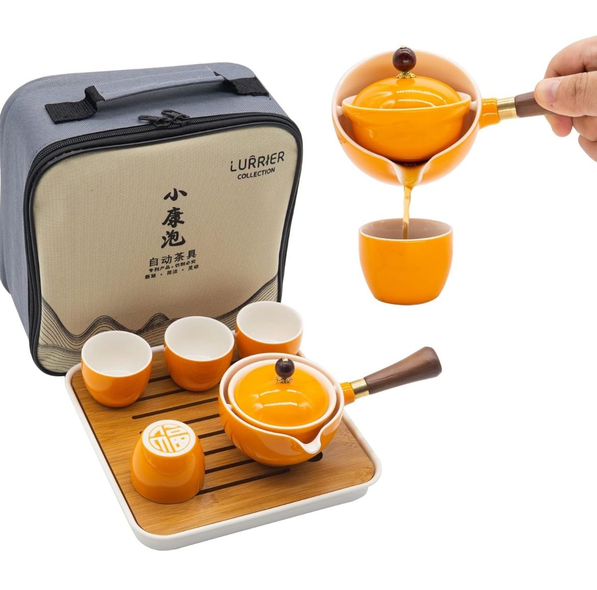 LURRIER Porcelain Chinese Gongfu Tea Set,Portable Teapot Set with 360 Rotation Tea maker and Infuser