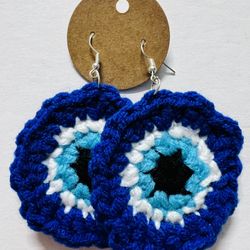 Evil eye Blue yarn Round STATEMENT Handmade USA crochet Earrings hook dangle