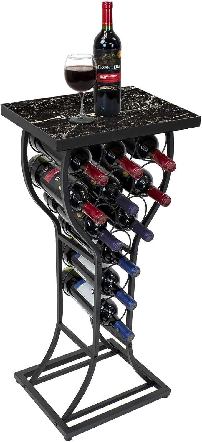 Wine Rack Console for Home Bar - Mini Wine Stand with Faux Black Marble Table Top - Durable Metal Freestanding Wine Storage Cabinet Shelf - Wine Racks