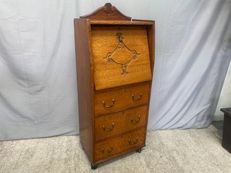 Antique Solid Oak Small Rolling Secretary Desk
