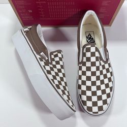Vans Classic Slip-On Platform Checkerboard Sepia Brown Sneakers Women 10 Men 8.5