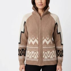 WOVEN HEART Geometric Aztec Fair Isle Full Zip Cardigan Sweater Taupe Medium M