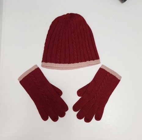 Ann Taylor Loft  Knit Hat/Beanie & Gloves Set Cranberry (Burgundy) PinkTrim 
