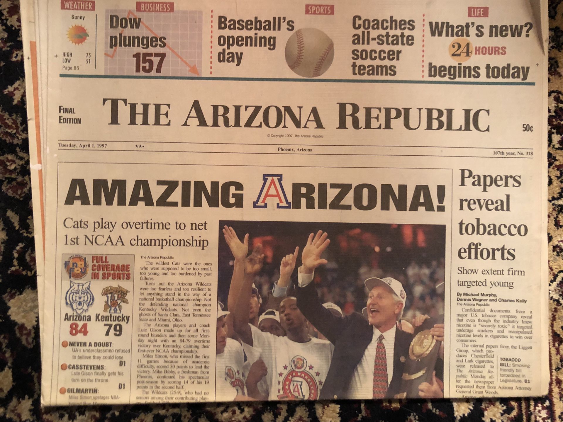 U of A wins 1st NCAA Championship , April 1, 1997 Arizona Republic newspaper