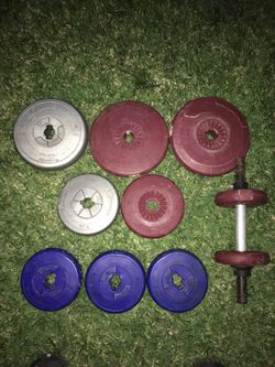 Weights- 2-10lbs, 1-8.8lbs, 2-5lbs, 3- 4.4lbs, 2- 2.2lbs (56lbs total)