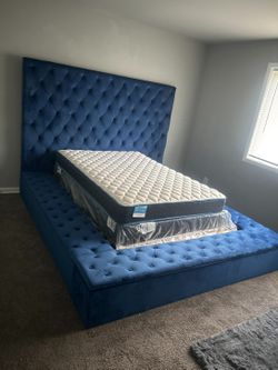 New in stock blue velvet queen size storage platform bed frame special