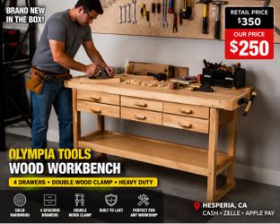 🔥 OLYMPIA TOOLS WOOD WORKBENCH – $250  BRAND NEW WORKBENCH