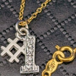 14k White Gold #1 Charm W/ Lab Diamonds (4) and 15" Yellow 14K Gold Choker Necklace