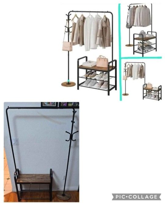 NEW 3-in-1 Coat Rack Shoes Bench, Hall Tree Entryway Bench with Storage, Multifunctional Organizer
