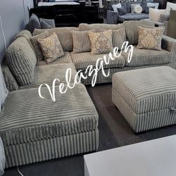 ✅️✅️3 pc smoke grey wide welt corduroy fabric sectional sofa with USB plugs square arms with chaise and storage ottoman✅️