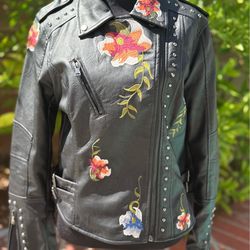 NEW (wot)! Embroidered Vegan Leather Moto Jacket
