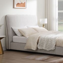 Full Or Queen Size Upholstered Bed - Grayish Fabric With Brown Piping