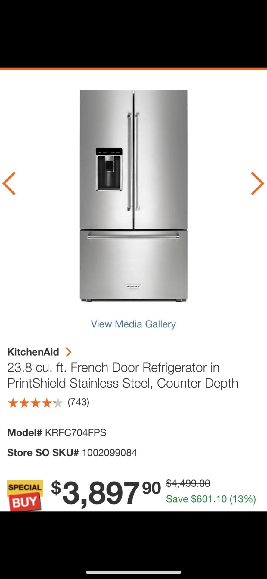 Kitchen Aid counter depth French door stainless steel refrigerator
