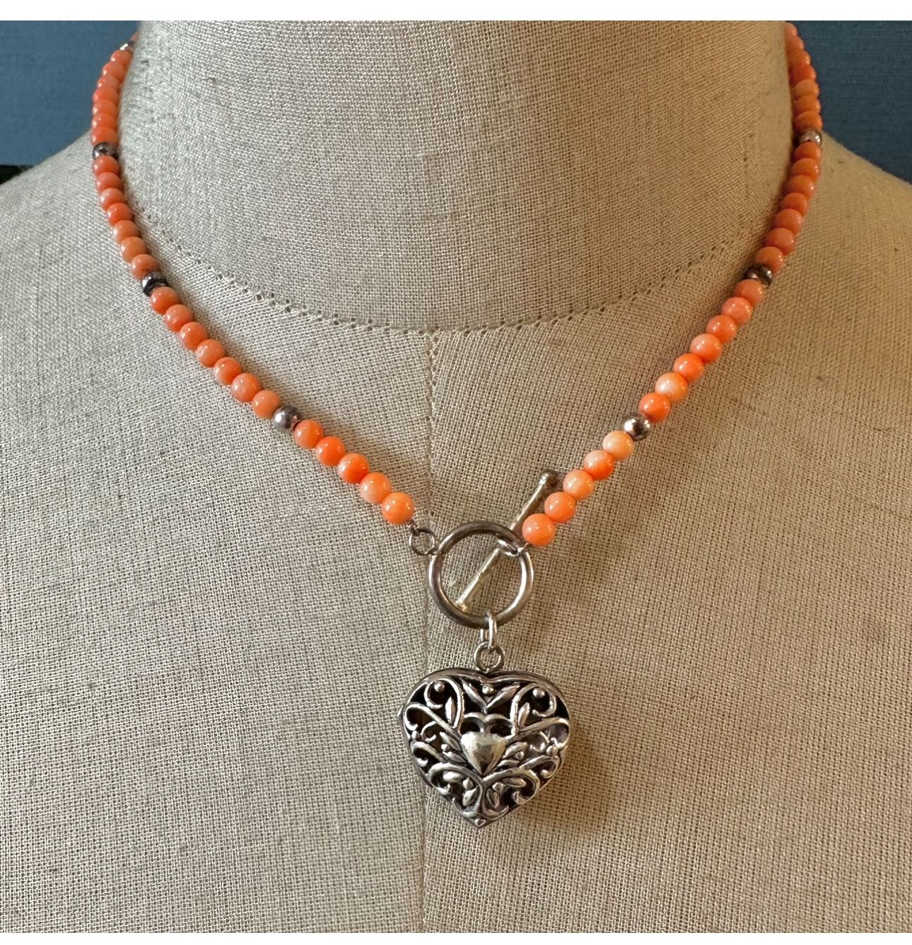 coral beaded sterling silver heart locket pendant necklace
