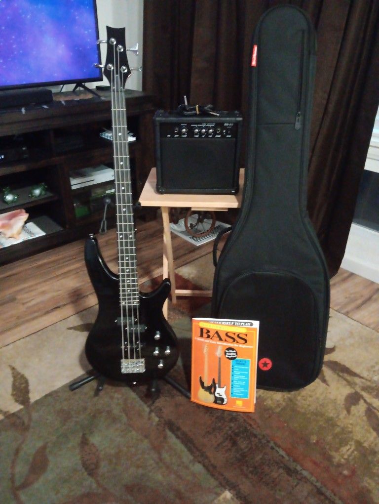 Bass Guitar, Guitar Stand, Case, Amplifier, Book