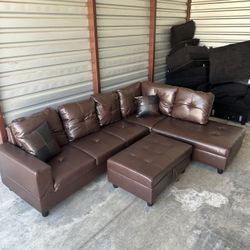 Free Delivery! Brown Faux Leather Sectional Couch with Storage Ottoman