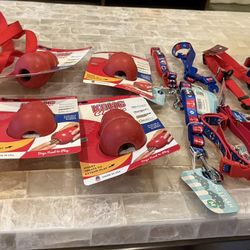 Dog Leashes, Collars And 4 Rubber Toys 