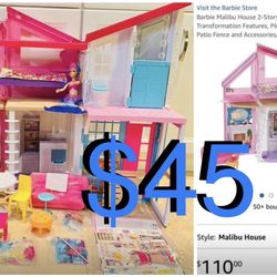 $45 Brand New Barbie Malibu Dreamhouse 2 story plus furniture,stickers never open and Barbie Dolls