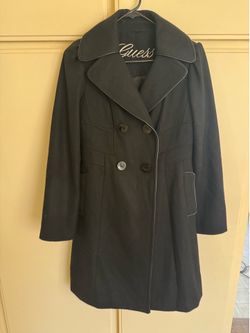 Guess Women's Black Double-Breasted Peacoat with Contrast Piped Trim