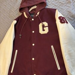 Guess Georges Marciano Varsity Letterman Jacket Sz M~Maroon & White~ZipOut Hood