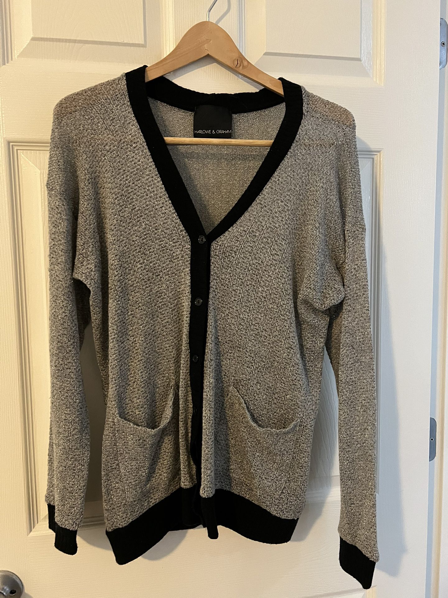 Harlowe & Graham Women Silver Gray Lightweight Cardigan w/ Black Trim Large EUC  Gorgeous.  I would describe this cardigan as ethereal.  It is lightwe