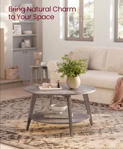 Round Coffee Table, 2-Tier Center Table with Storage, Tapered Legs, Curved Transitions, 31.5 Dia. x 17.7 H Inches,