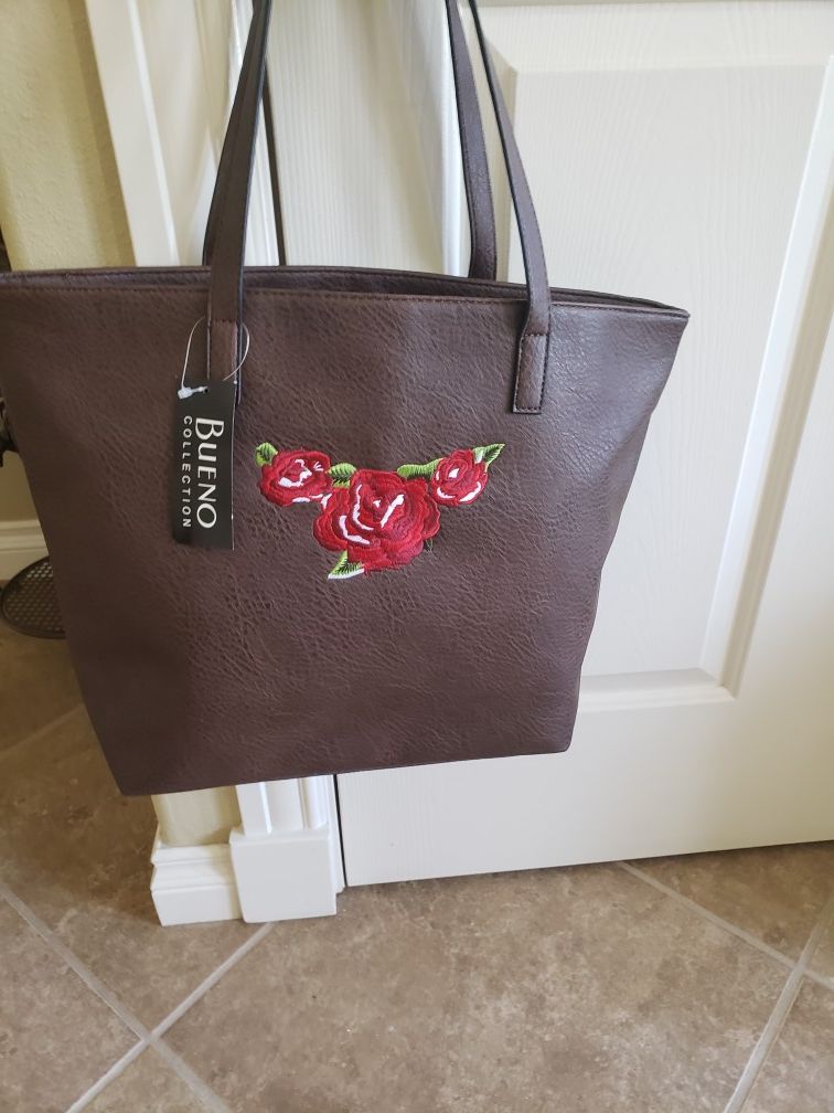 Beautiful brown tote with rose design embroidery.