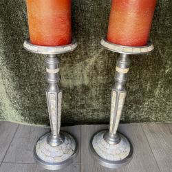 Set Of Mother Of Pearl Pillar Candlesticks - Polished Nickel - Home Decor - Wedding Decor 