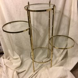 Brass  and Glass Plant Stand - faux bamboo Thumbnail