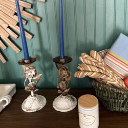 2 Vintage Farmhouse Metal Tole Floral Candle Holders