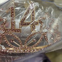 14th Birthday Star Princess Tiara and Sash in Gold and Pink Rhinestones