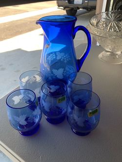 Lausitzer Glas Cobalt Blue Crystal Pitcher and 5 Glasses Set