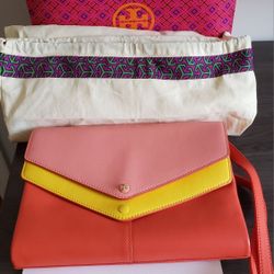 Tory Burch women leather shoulder cross- body bag, clutch, purse tricolor