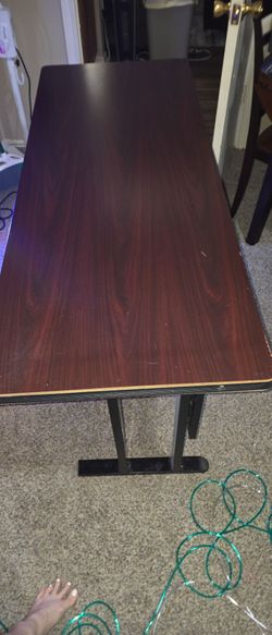 Dark Wood Laminate Desk with Black Metal Legs