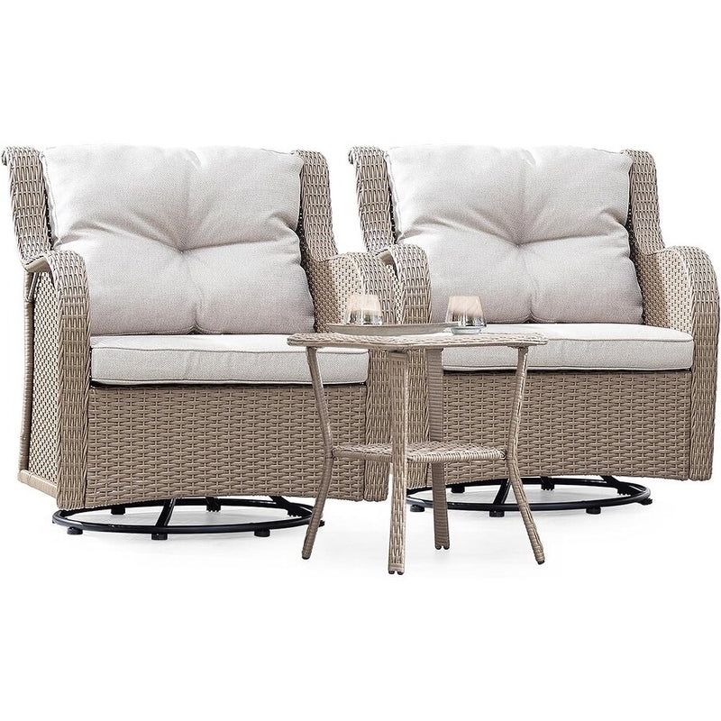 3 Piece Rattan Bistro Swivel Furniture Set, 2 Cushioned Swivel Wicker Chair with Coffee Table