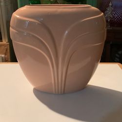Vintage Peach/Pink Oval Ribbed Draped Pleated Art Deco Style Ceramic Vase 9"