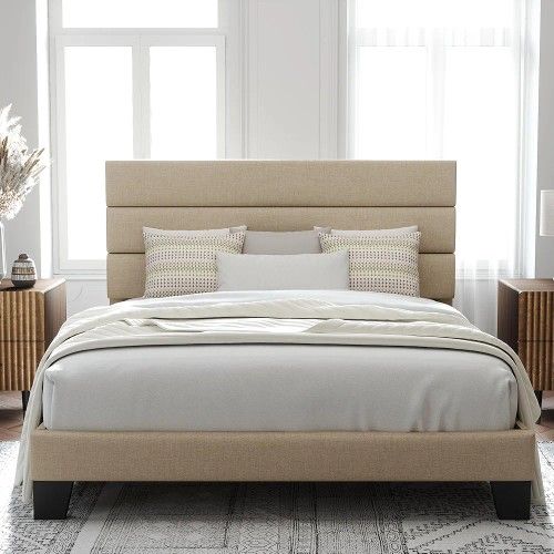 Full Size Platform Bed Frame with Fabric Upholstered Headboard and Wooden Slats Support, Fully Upholstered Mattress Foundation/No Box Spring Needed/Ea
