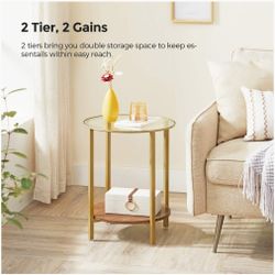 Round Side Table, Glass End Table with Metal Frame, 2-Tier Small Accent Table for Living Room, Bedroom, Hazelnut Brown and Golden