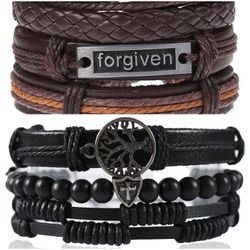 2 x Set Adjust. Size up to 9.5inc Leather Bracelet, (Forgiven-Black)