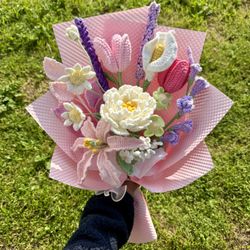 Crocheted white peony and pink lily bouquet