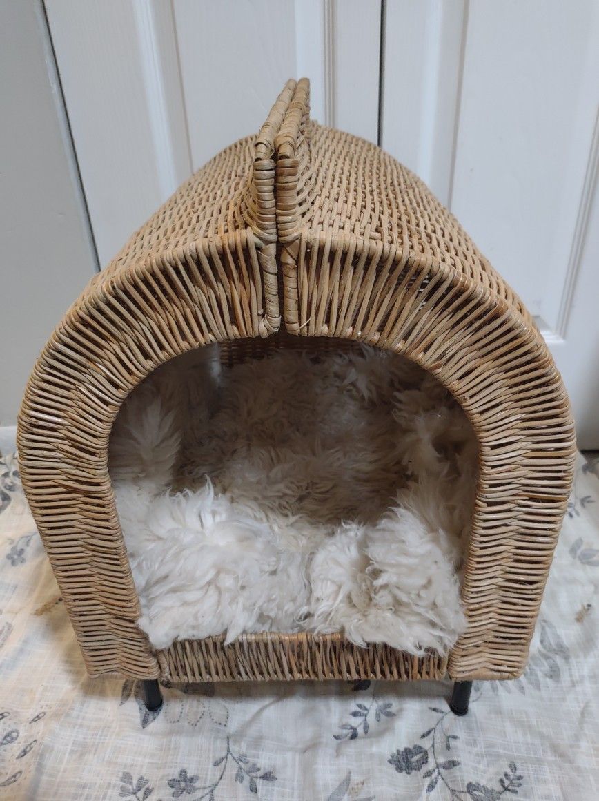IKEA Cat rattan house on legs with Crate and Barrel Sheepskin rug