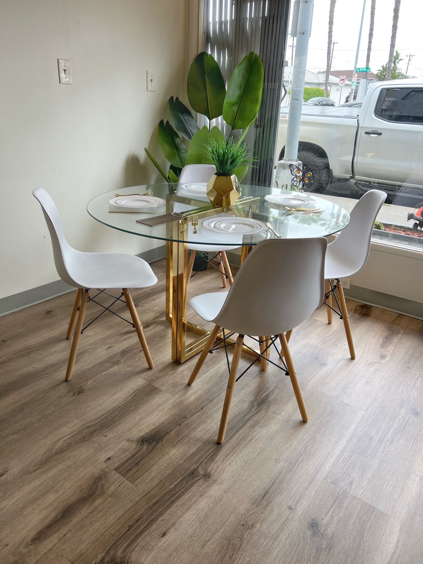 Compact White Round Dining Table Set Gold Base