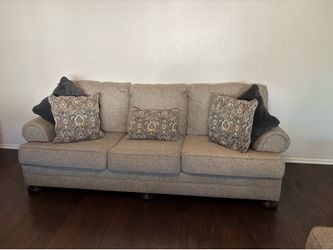 Tan/Beige Sofa Set with Matching Pillows – Good Condition