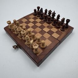 Vintage 6” Wooden Folding Travel Chess Set Complete 32 Pieces Storage Case