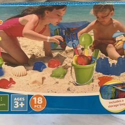 Beach Toys, 18 Piece Sand Toys Set Kids Sandbox Toys Includes Water Wheel Beach Tool Kit Bucket Watering Can Molds with Mesh Bag for Kids Ages 3-13