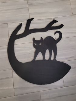 Black wood Halloween Cat Moon hanging Decor
