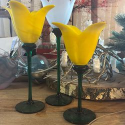 Vintage Handcrafted Studio Nova Frosted Art  Glass Tulip Lily Vase Candle Holder Set Of 3