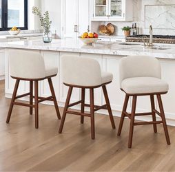 Set Of 3 LUE BONA Bar Stools 27.6" Wooden Legs, Fabric in Beige
